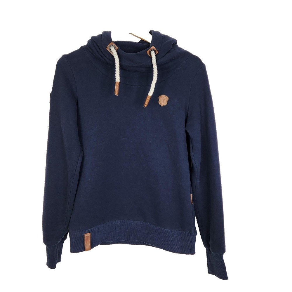 NAKETANO Sweatshirt Womens Medium Navy‎ Blue Cowl Neck Hoodie Rope Drawstring